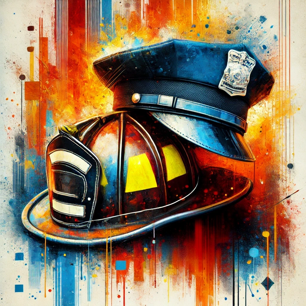 Artistic rendering of a firefighter helmet and police officer cap side by side, symbolizing first responders, with a dynamic background of flames and abstract patterns in blue, red, and orange.