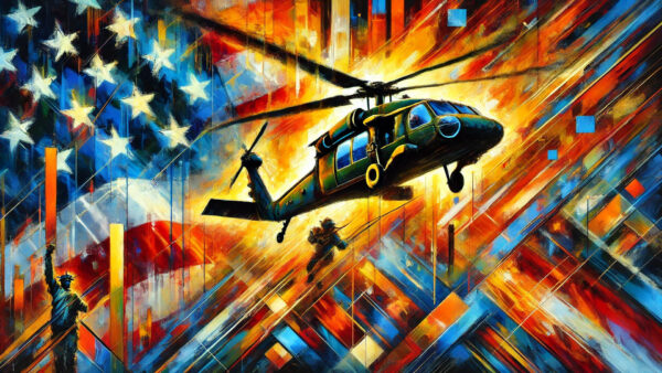 Military or rescue helicopter silhouette flying against an American flag backdrop with dynamic streaks of red, white, and blue light.