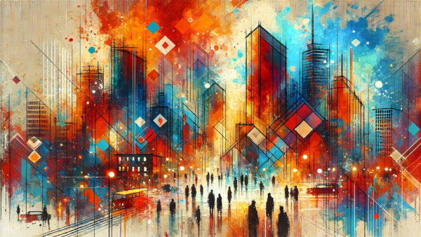 An abstract digital cityscape filled with vivid orange, blue, and red hues, geometric shapes, and skyscrapers, symbolizing national and international security, threats, and policy in a dynamic and interconnected world.