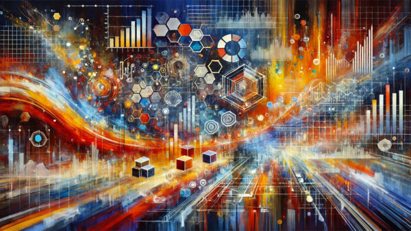 Abstract digital artwork featuring geometric shapes, hexagons, charts, and data visualization elements in orange and blue tones with flowing energy patterns.