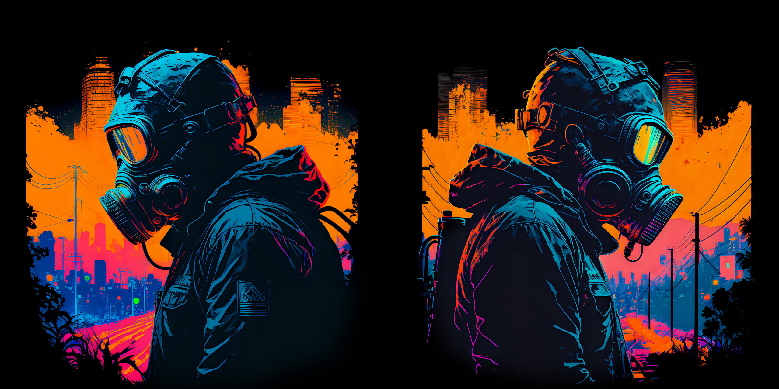 Illustration of a person in a gas mask and hazmat suit standing against a vivid, stylized cityscape with orange and blue tones. Surrounding the figure are five hazard symbols representing chemical, biological, radiological, nuclear, and explosive threats (CBRNE)
