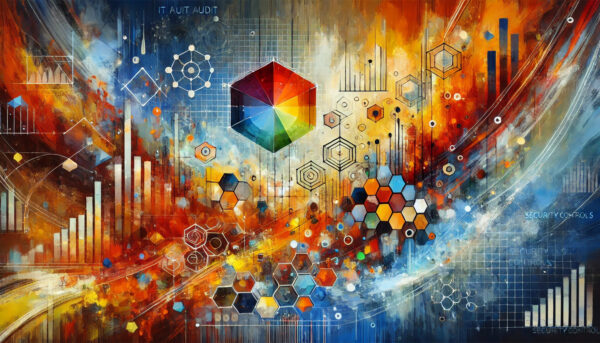 Abstract digital artwork featuring geometric shapes, hexagons, charts, and data visualization elements in orange and blue tones with flowing energy patterns.